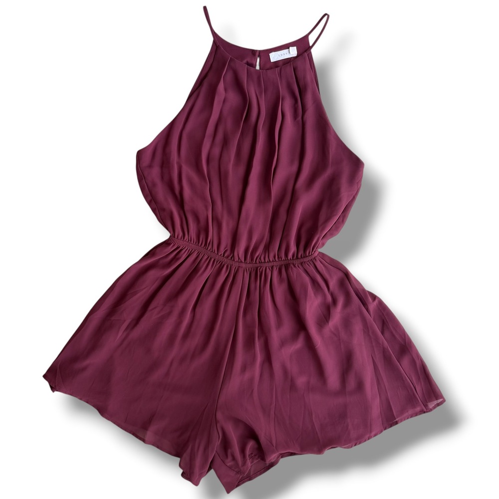 Lush Women's S Wine Red Burgundy Halter Pleated Chiffon Romper P5721-006-DG Glam